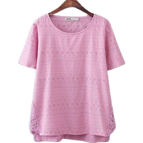 Plus size cutout embroidered women tops short sleeve 2021 summer t-shirt loose basic tshirt lace hollow out tee shirt femme XXXL