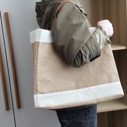 Pwomen Tote Bag Canvas Flax Patchwork Casual High-Capacity Shoulder Bag Handbag Simple SOFT European Style Women Bag