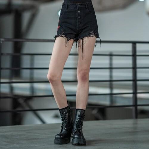PUNKRAVE Womens Gothic Style Daily Embroidered Shorts "Bramble Roses" Series High Waist Denim Short Pants