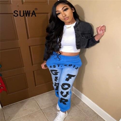 2020 New Arrival Women Letter Printd Ripped Jeans Regular Denim Pants Casual Chic Streetwear Elegant Long Pants