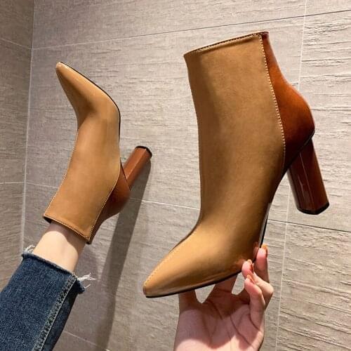 Women 2021 Warm Furry Ankle Boots Block High Heels Chelsea Boots Black Patent Leather Short Boots Lady Drag Queen Shoes