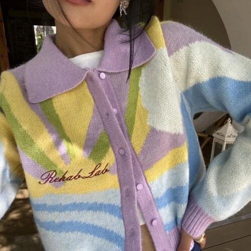 Letter Embroidery Women Autumn Winter Vintage Tie Dye Knitted Sweater Single Breasted Long Sleeve Cardigan Lady Jacket Coat 2021