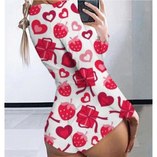 Women V-neck Pattern Printing High Waist Bodysuit Casual Bodycon Long Sleeve Short Bodysuit Romper Home Clothing Streetwear New