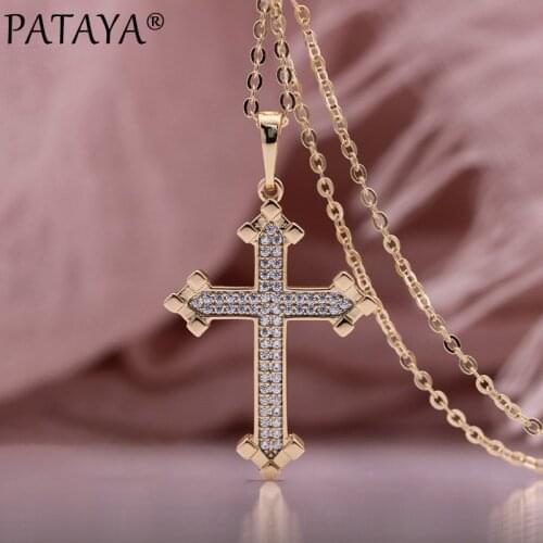 PATAYA New Religion Unusual Women Long Necklaces 585 Rose Gold Cross Pendant Vintage Natural Zircon Party Unique Fashion Jewelry