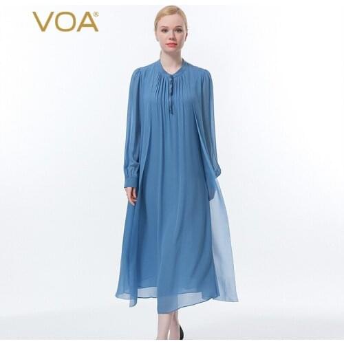 VOA Georgette Blue Round Neck Button Shirt Perspective Woman Dress Long Sleeve Loose-Leaf Decorative Double-Layer AE956