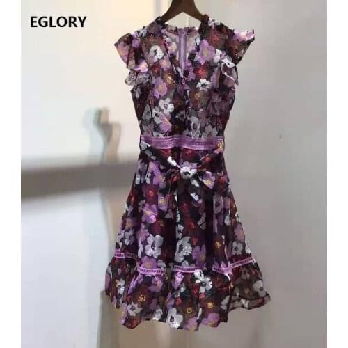 Luxury Dress 2021 Spring Summer Designer Fashion Women V-Neck Purple Floral Print Hollow Out Embroidery Sleeveless Dress Sun