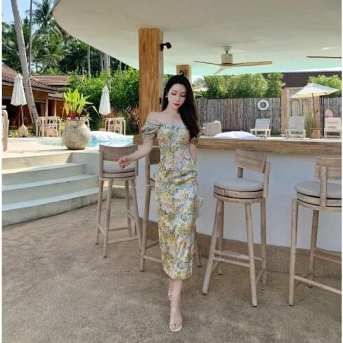 Women French Sexy Slash Neck Temperament Slim Body Floral Dress Vintage Print Mid-length High Waist Holiday Dress Summer Dresses