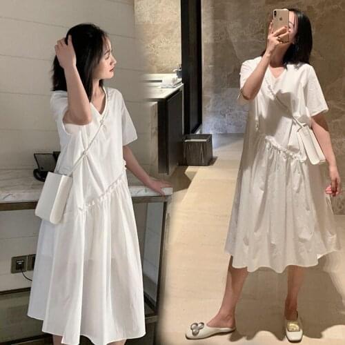 217# Maternity Clothes Summer White Solid Color Cotton Short Sleeve Loose Stylish Dress for Pregnant Women Mom Dress