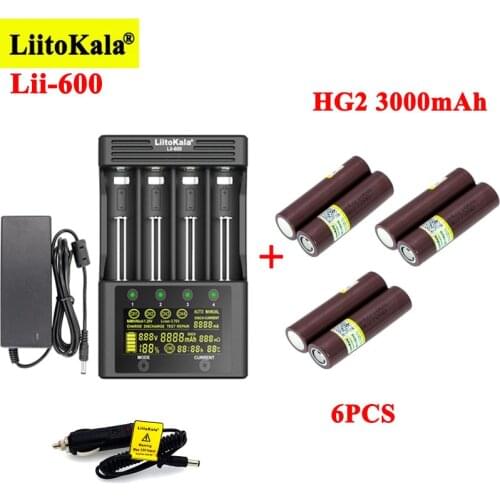 6pcs LiitoKala HG2 3000mAh Rechargeable batteries with Lii-600 Battery Charger for 3.7V Li-ion 18650 21700 26650 1.2V AA aa NiMH