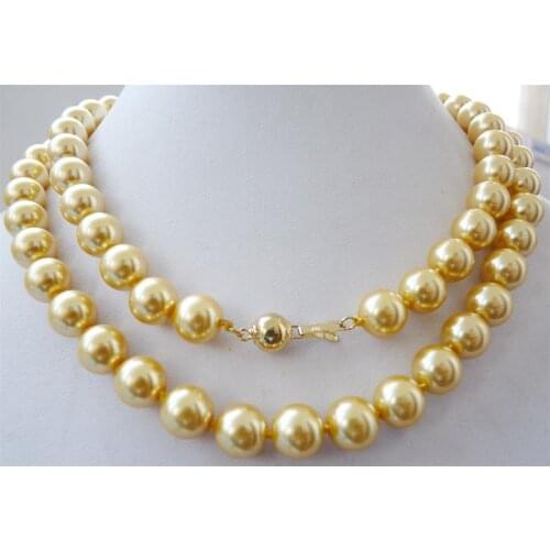 FREE shipping > >>>>10mm yellow South sea shell pearl necklace 32" AAA+008