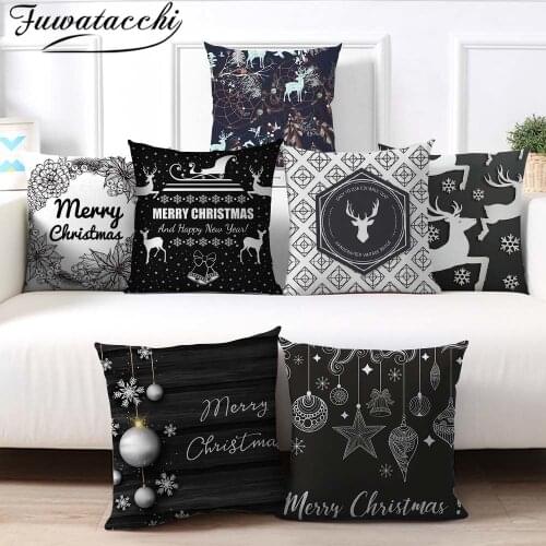 Fuwatacchi Christmas Day Cushion Cover Santa Deer Tree Soft Throw Pillows Cover Home Sofa Bedroom Black Decorative Pillow Case