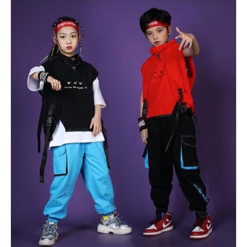 Kids Ballroom Hip Hop Vest Sleeveless Tops Coat Tactical Cargo Pants Clothing for Girls Boy Jazz Dance Costume Clothes Wear
