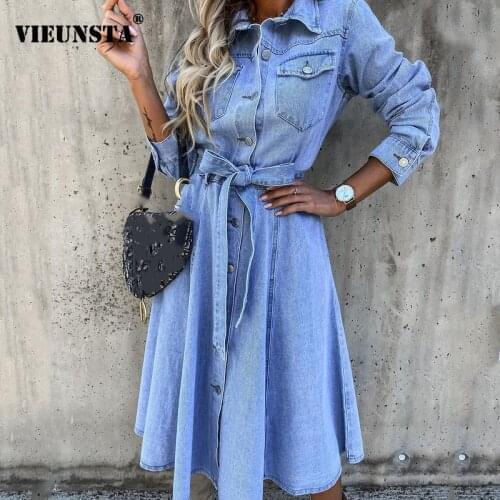 Elegant Turn-down Collar Denim Long Dress Women Spring Single Breasted Button A-Line Dress Autumn Long Sleeve Loose Party Dress