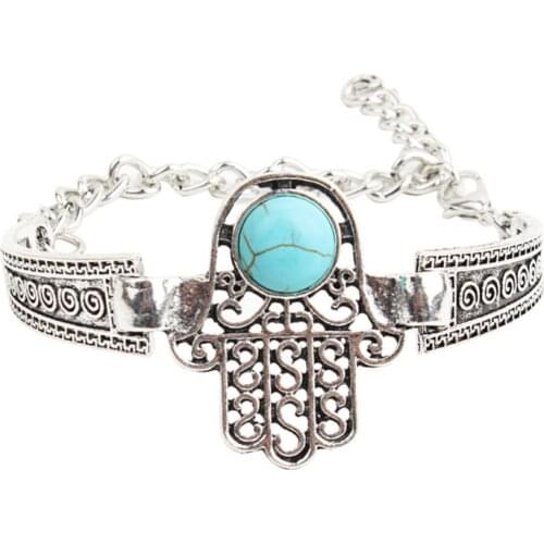 FYSL Silver Plated Hand with Green Turquoises Stone Bead Link Chain Bracelet Trendy Jewelry