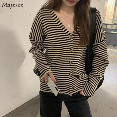 Cardigan Women Striped Long Sleeve V-Neck Baggy Spring Ladies Hot Sale Harajuku Popular Trendy All-match College Classic Cozy