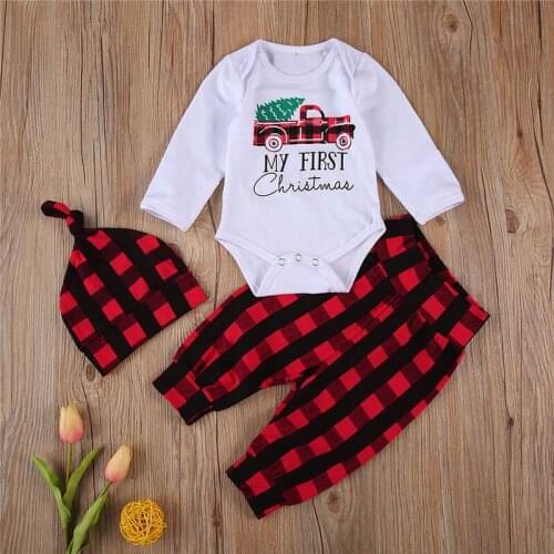 3 Piece Set Newborn Christmas Outfits Infant Long Sleeve Round Neck Letter Print Romper + Plaid Trousers + Knotted Cap
