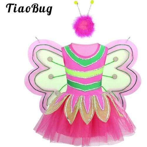 TiaoBug Kids Girls Bee Costume Shiny Sequins Mesh Dress Wing Set Halloween Cosplay Party Dress Up Stage Performance Dance Wear