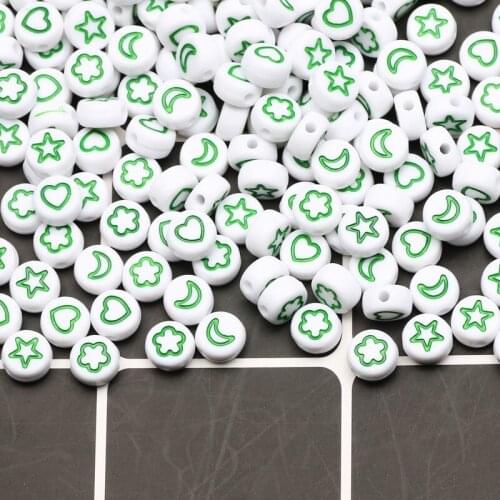 Round 4x7mm White Acrylic Beads Mixed With Green Star/Heart/Moon Pattern Loose Spacer Beads For Jewelry Making DIY Accessories