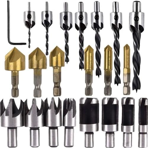 Hot Woodworking Drilling Or Chamfer Tool,6Pcs 1/4 Inch Hex Shank 5 Flute 90 Degree Countersink Drill,8Pc wood Plug Cutter