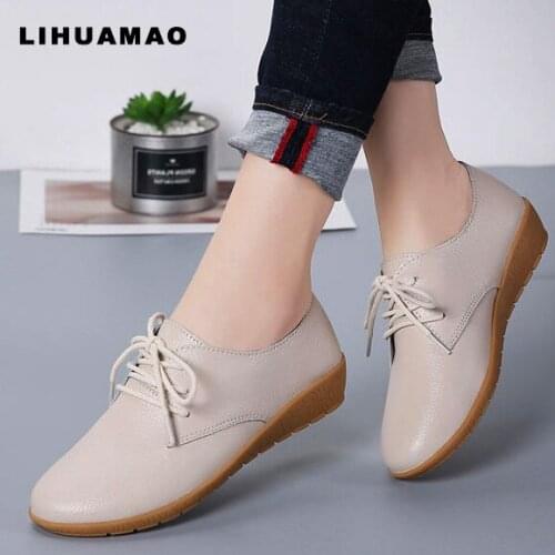 LIHUAMAO Soft leather shoes women wedges shoes Comfort casual lace up round toe sneaker office lady party
