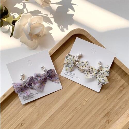 Sweet Romantic Pearl Lace Yarn Bowknot Drop Earrings Korean Cute Bow Pendent Earrings for Women Girls Ear Jewelry Gift Wholesale