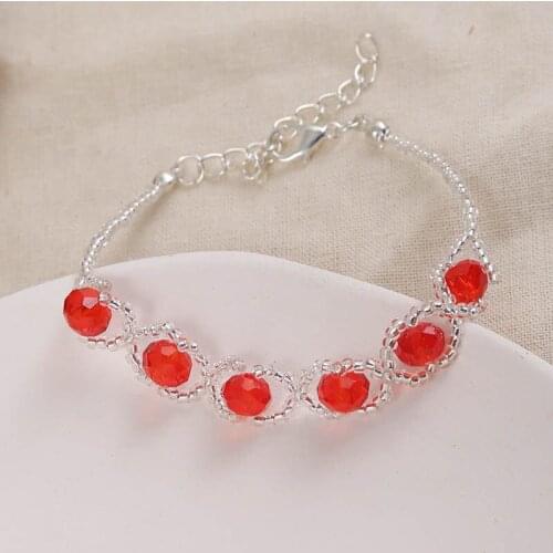 Trendy Simple Ladies Red Crystal Silver Color Glass Beads Handmade Beaded Strand Bracelets For Women Party Jewelry Gift