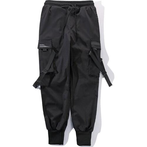 Men Ribbons Color Block Black Pocket Cargo Pants 2019 Harem Joggers Harajuku Sweatpant Hip Hop Trousers