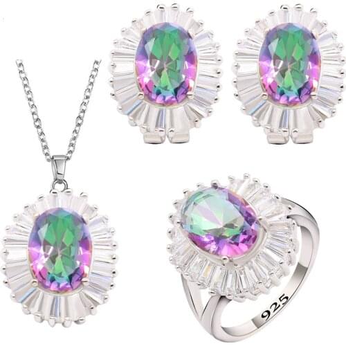 Geometric Rainbow Semi-precious Silver Color Jewelry Sets for Women Hoop Earrings Necklace Pendant Ring