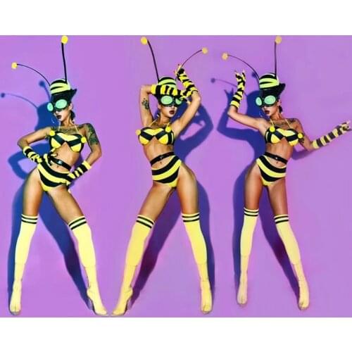 Rave Stage Dance Wear Sexy GOGO Dancer Cosplay BEE Costume Stripe Bikini Accessories Set Bar Pub Party Festival Clothing