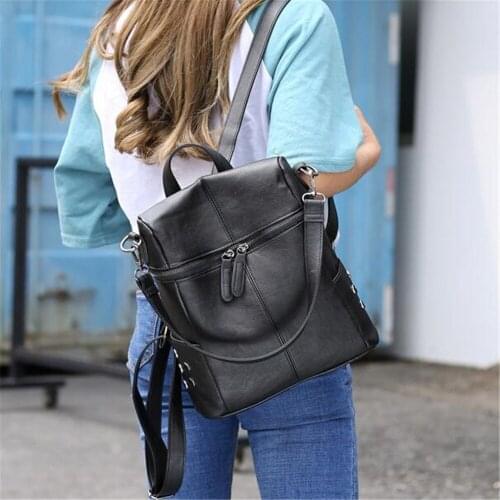 Simple Style Backpack Women Leather Backpacks For Teenage Girls School Bags Fashion Vintage Solid Black Shoulder Bag Youth Bolso