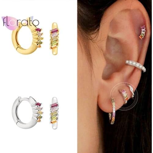925 Sterling Silver Ear Buckle Rainbow Crystal Hoop Earrings For Women Girl Tiny Round Piercing huggies Earring Jewelry Gifts
