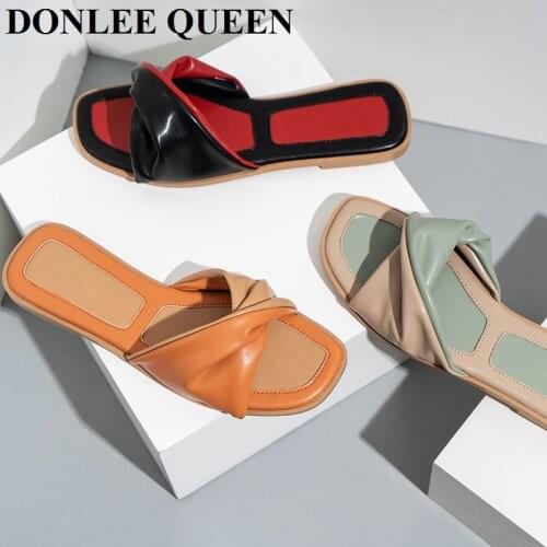 2021 New Summer Flat Slippers Women Shoes Mixed Color Pleated Flip Flops Brand Outdoor Slide Slip On Casual Shoe Sandalias Mujer
