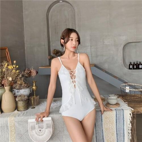 Sexy Solid One Piece Swimsuit Push Up Swimwear Women Lace Monokini Strap Hollow Swimsuit Bodysuit Bathing Suit Beachwear Mayo