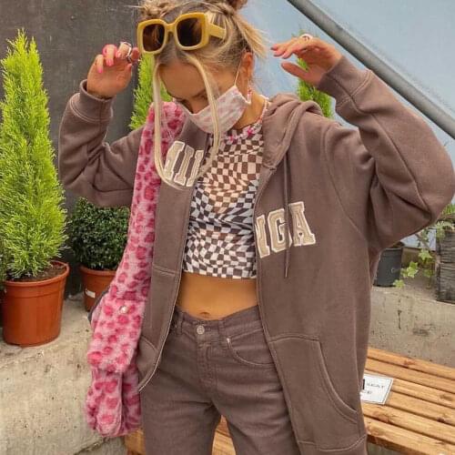 Vintage Letter Embroidery Hoodies Women Autumn Winter Long Sleeve Zipper Hoodie Coat Harajuku Casual Cotton Sweatshirts Top 2021