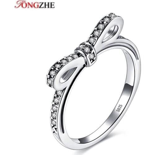 TONGZHE Fashion Sparkling AAA CZ Love Bow Knot Finger Wedding Rings For Women Silver Color Luxury Jewelry CKTR009