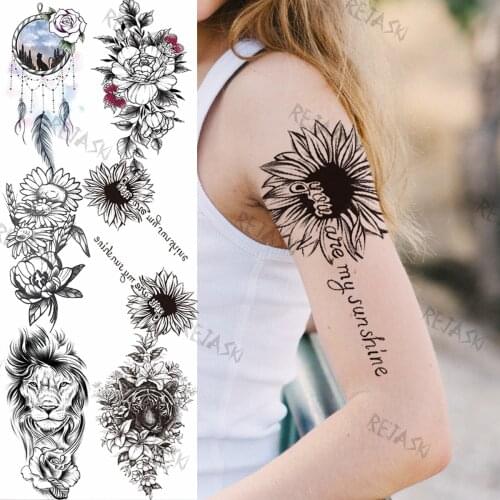 Black Largeg SunFlower Sunshine Temporary Tattoos For Women Girl Dream Catcher Sun flower Lion Tiger Fake Tattoos Sticker