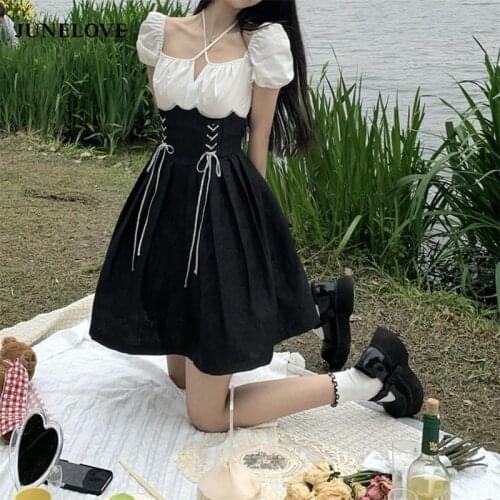 Japanese Kawaii Mini Dresses Women Summer 2021 Puff Sleeve Party Lolita Casual Dress Bandage Elegant Korean Fashion Clothing New