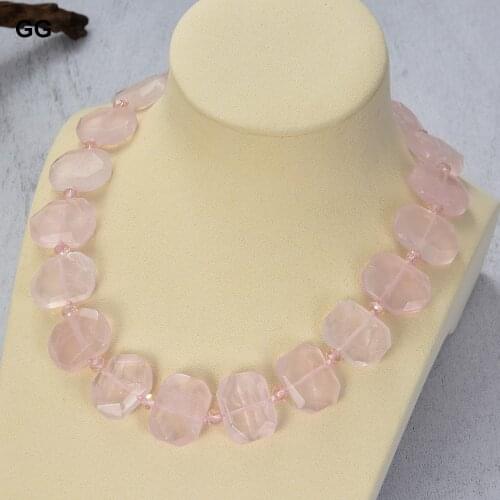 GuaiGuai Jewelry 18'' 20MMx23MM Natural Pink Rose Quartzs Faceted Slice Rectangular Necklace
