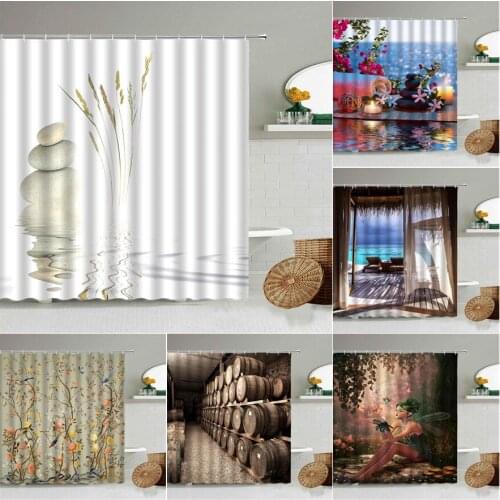 Zen Stone Pebbles Spring Weeds Reflection Water Bathroom Waterproof Shower Curtain With Hook Set Hanging Screen Cloth Washable