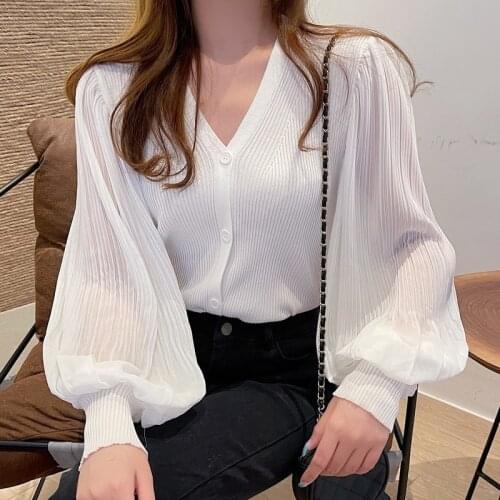 Korean Lantern Sleeve Women Blouse Spring Autumn Vintage Patchwork Knitted Shirt Tops Elegant Slim Top blusas mujer