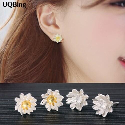 Free Shipping Fashion Women Lotus Silver Earrings 925 Sterling Silver Stud Earrings Jewelry Pendientes Brincos
