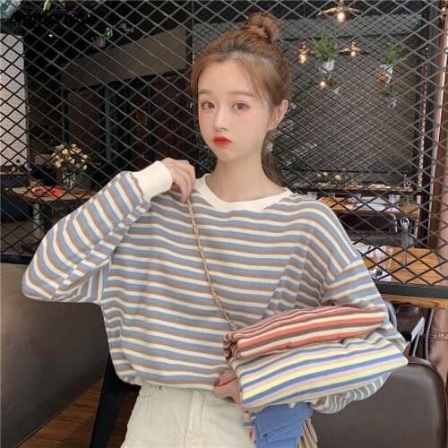 Women No Hat Hoodies Sweatshirts Striped Pullover Loose Simple O-neck Sweet Students Slim Soft Warm Korean Fashion Trendy New