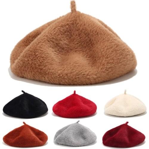Women beret hat imitation mink warm solid color painter hat winter retro newsboy cap british no-brimmed hat