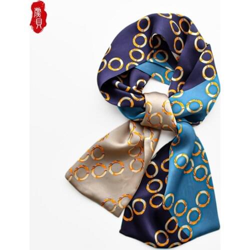 Blue circle women two-sided narrow long scarf silk ribbon neckerchief headband women headscarf small bandana warp gift for girls