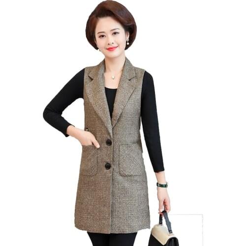 Spring Autumn Womens Sleeveless Jacket Long Plaid Vest Middle-aged Female Lattice Waistcoat Blazer Coat Plus Size 5XL W2147