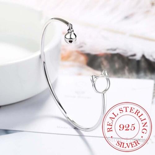 925 Sterling Silver Adjustable Cat and Jingle Bell Charm Bracelet & Bangle For Women Gift Prevent Allergy Femme Jewelry