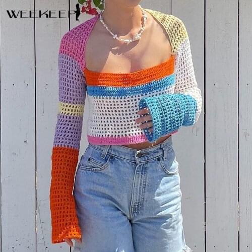 Weekeep Chic Hollow Out Sweater Top Women Long Sleeve Cute Colorful Patchwork Cropped Tops Summer Casual Streetwear Korean Style