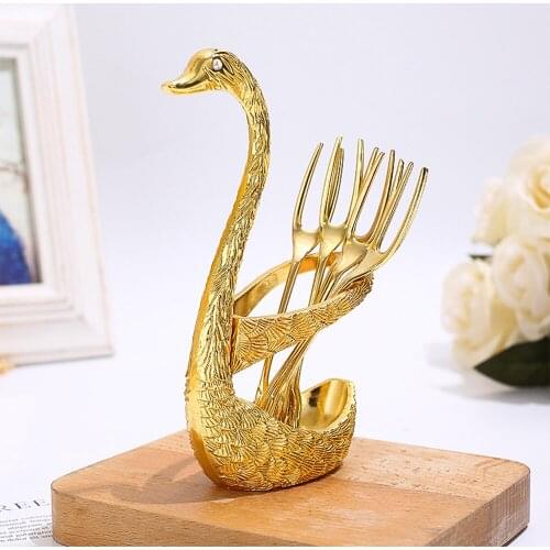 6PC Romantic Swan Base Spoon Fork Meal Rack Set Stainless Steel Salad Dessert Fork Coffee Spoon Cake Tableware Decoration Crafts