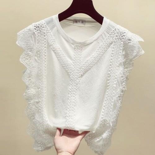 Blouses Short Sleeve White Blouse Tops Women Blusas Mujer De Moda 2021 Lace Chiffon Blouse Shirt Blouse Women Top C923