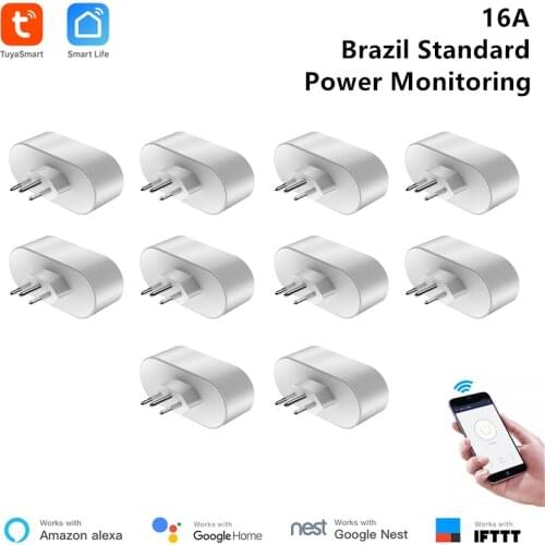 10 Pcs 16A Brazilian WiFi Socket Tuya Smart Life APP Control Brazil Smart Outlet Power Monitor Timer Google Compatible Type-N